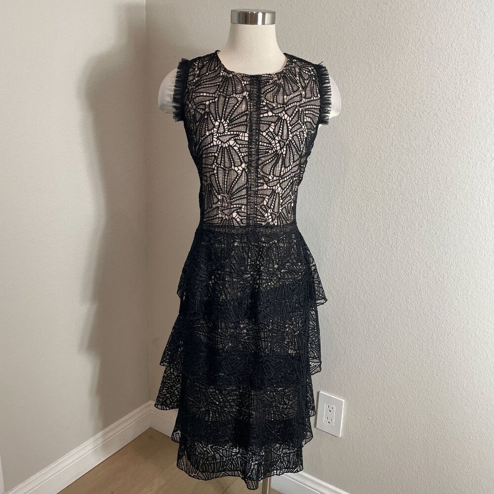 Prose & Poetry Womens Large Black Lace Overlay Sleeveless Tiered Dress USA Party